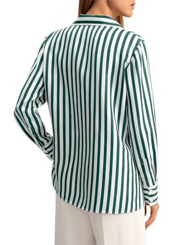 Womens Striped Button Down Shirts Casual Satin Long Sleeve Loose Work Blouse Tops