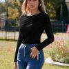 Womens Long Sleeve Pleated Tops Fall Crew Neck Fitted Shirts Y2k Going Out Casual Ruched Blouse
