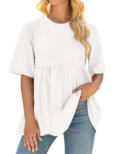 Womens Summer Babydoll Tops Oversized Short Sleeve Crewneck T Shirts Peplum Casual Loose Blouse