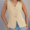 Womens Summer V Neck Vest Tops Button up Sleeveless Casual Waistcoat Business Fitted Blazer vest