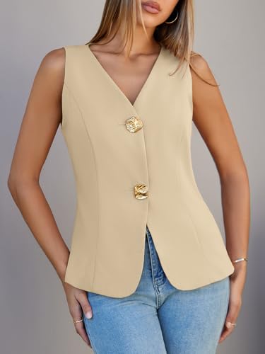 Womens Summer V Neck Vest Tops Button up Sleeveless Casual Waistcoat Business Fitted Blazer vest