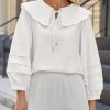 Womens Peter Pan Collar Shirts Long Puff Sleeve Cotton Blouses Trendy Casual Loose Fit Tops