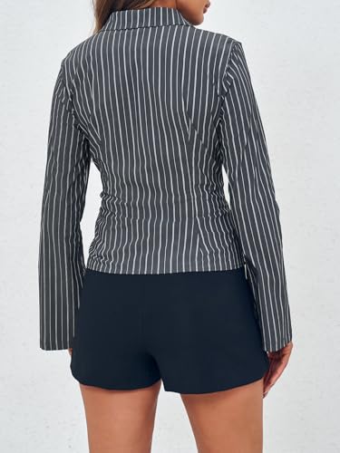 Womens Striped Button Down Shirts Flare Long Sleeve Collared V Neck Business Work Office Blouse Tops