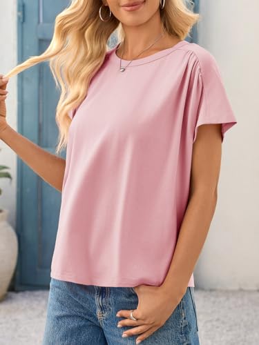 Womens Batwing Short Sleeve T Shirts Summer Pleated Casual Crew Neck Tunic Tops Loose Fit Basic Tees