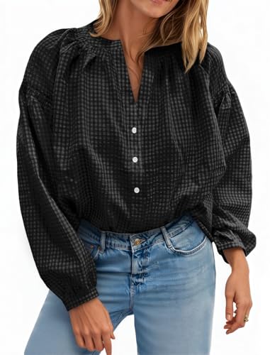 Womens Puff Long Sleeve Blouse Gingham Pleated V Neck Button Down Shirts Loose Fit Dressy Casual Fall Tops