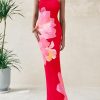 Women Summer Strapless Maxi Dress Bodycon Floral Sexy Long Wedding Guest Dress Formal Tube Mesh Cocktail Dresses