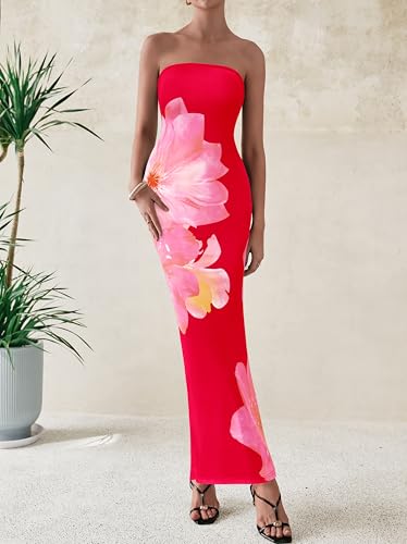 Women Summer Strapless Maxi Dress Bodycon Floral Sexy Long Wedding Guest Dress Formal Tube Mesh Cocktail Dresses