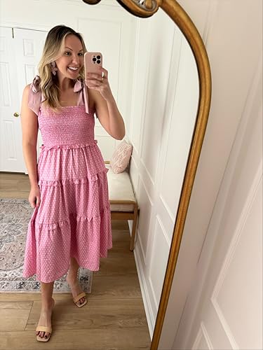 Womens Summer Floral Maxi Dress Smocked Tie Shoulder Boho Sleeveless Ruffle Tiered Casual Beach Dresses