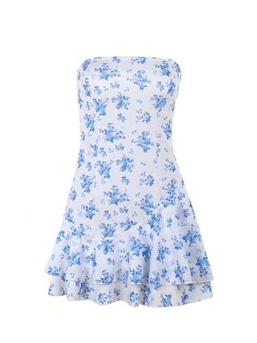 Women's Floral Print Ruffle Tube Mini Dress Strapless Sleeveless Layered Vacation Summer Dresses