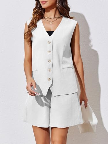 Womens Summer Blazer Vest 2 Piece Sets V Neck Sleeveless Button Down Waistcoat and High Waisted Work Suit Short Set