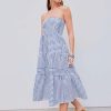 Womens Casual Dresses Strapless Tube Stripped Shirred A Line Blue Beach Vacation Midi Dress Maxi Skirts S