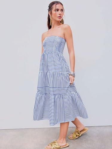 Womens Casual Dresses Strapless Tube Stripped Shirred A Line Blue Beach Vacation Midi Dress Maxi Skirts S