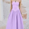 Women's Summer Strapless Dress Solid Hot Shot Off Shoulder Sundresses Flowy Long Casual Dress for Beach Purple
