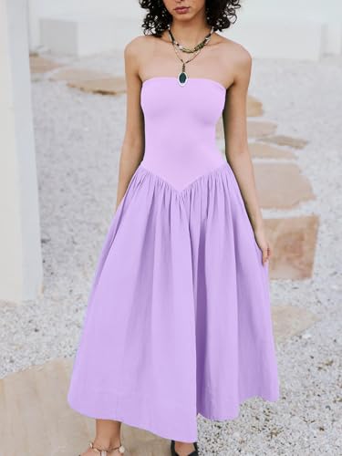 Women's Summer Strapless Dress Solid Hot Shot Off Shoulder Sundresses Flowy Long Casual Dress for Beach Purple