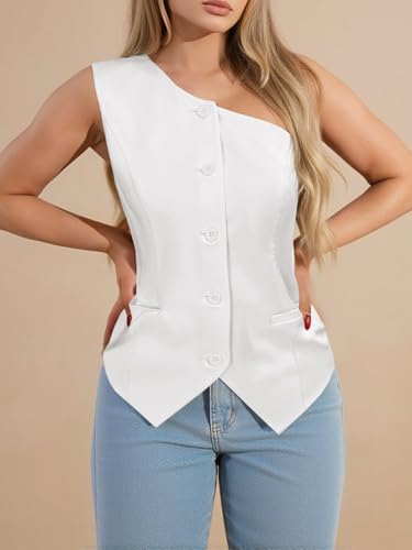 Womens One Shoulder Blazer Vest Summer Fitted Button Down Waistcoat Trendy Work Sleeveless Suit Tops