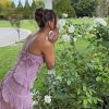 Women Chic Pleated Halter Neck Long Strapless Lotus Edge Vacation Maxi Dress