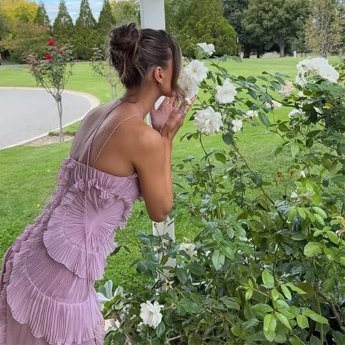 Women Chic Pleated Halter Neck Long Strapless Lotus Edge Vacation Maxi Dress