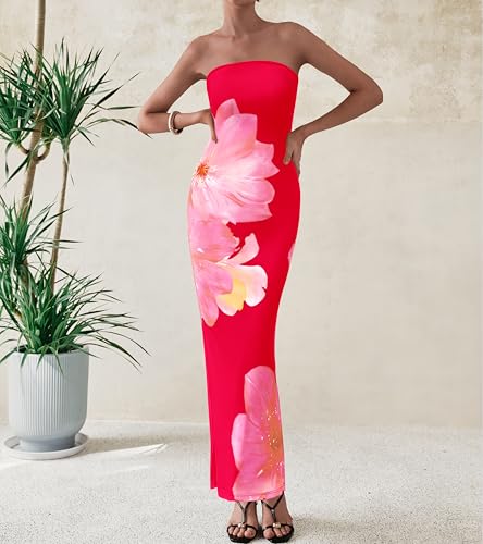 Women Summer Strapless Maxi Dress Bodycon Floral Sexy Long Wedding Guest Dress Formal Tube Mesh Cocktail Dresses