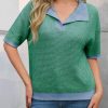 Womens Striped Cropped Sweaters Tops Color Block Short Sleeve Knit V Neck Fall Casual Pullover