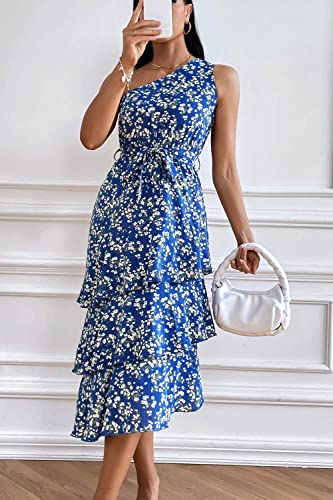 Women's Summer Floral Sundress Casual One Shoulder Tiered Ruffle Flowy Midi Beach Boho Dresses