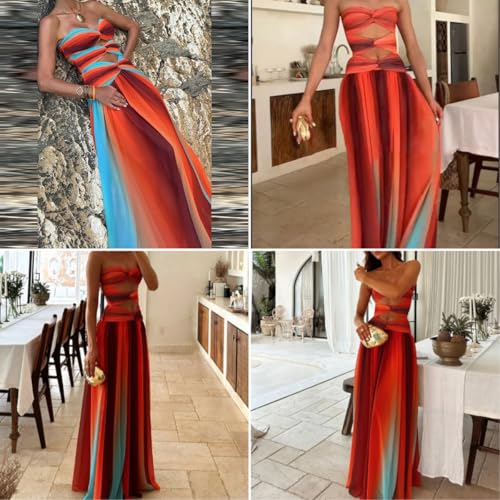 Women's Sexy Tie Dye Off Shoulder Maxi Dress Gradient Cut Out Strapless Flowy Sundress Beach Long Dresses