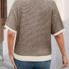 Womens Striped Cropped Sweaters Tops Color Block Short Sleeve Knit V Neck Fall Casual Pullover