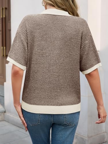 Womens Striped Cropped Sweaters Tops Color Block Short Sleeve Knit V Neck Fall Casual Pullover
