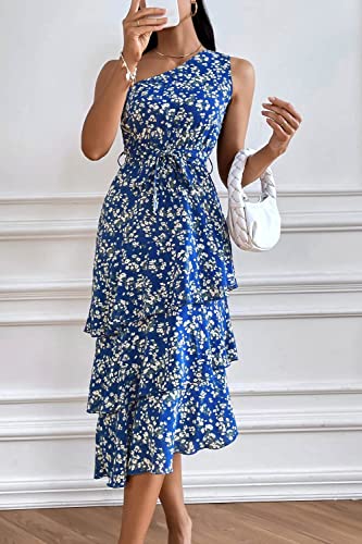 Women's Summer Floral Sundress Casual One Shoulder Tiered Ruffle Flowy Midi Beach Boho Dresses