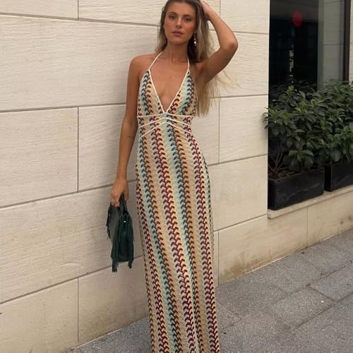 Womens Summer Sexy Deep V Backless Maxi Dress Slim Fit Crochet Floral Halter Party Dresses