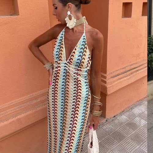 Womens Summer Sexy Deep V Backless Maxi Dress Slim Fit Crochet Floral Halter Party Dresses
