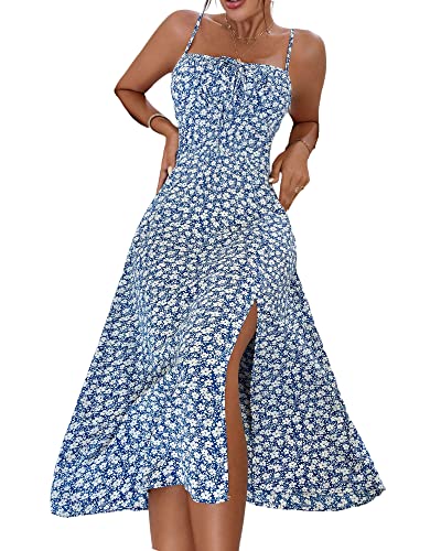 Women's Summer Split Thigh Spaghetti Strap Cami Midi Floral Dress
