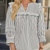Womens Striped Babydoll Tops Ruffle V Neck Puff Sleeve Blouses Loose Fit Cute Flowy Shirts