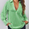 Womens Deep V Neck Blouse Casual Striped Long Sleeve Loose Fit Work Shirt Tops
