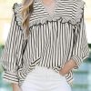 Womens Striped Babydoll Tops Ruffle V Neck Puff Sleeve Blouses Loose Fit Cute Flowy Shirts