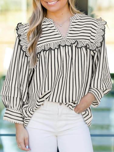 Womens Striped Babydoll Tops Ruffle V Neck Puff Sleeve Blouses Loose Fit Cute Flowy Shirts