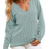 Womens Notch V Neck Tunic Tops Textured Ribbed Knit Long Sleeve T Shirts Loose Fit Fall Casual Tees with Pocket