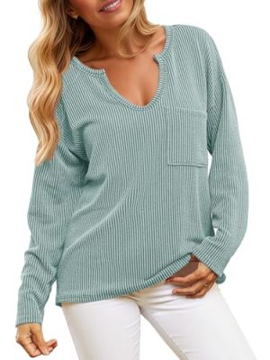 Womens Notch V Neck Tunic Tops Textured Ribbed Knit Long Sleeve T Shirts Loose Fit Fall Casual Tees with Pocket