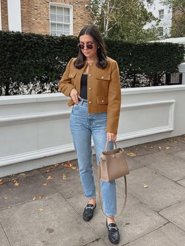 Womens Cropped Tweed Blazers Jacket Collarless Button Down Business Casual 2025 Fall Outfits Winter Coats