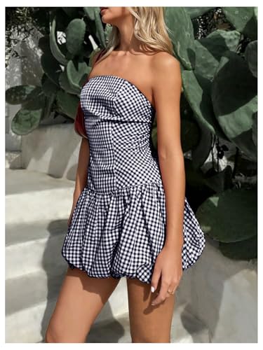 518nYtZwqzL.jpg Women's Plaid Strapless Bubble Dress Sleeveless Ruffle Mini Tube Dresses