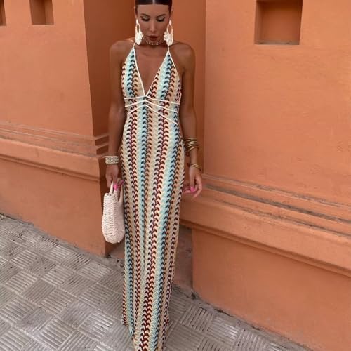 Womens Summer Sexy Deep V Backless Maxi Dress Slim Fit Crochet Floral Halter Party Dresses