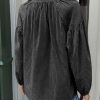 Womens Puff Long Sleeve Blouse Gingham Pleated V Neck Button Down Shirts Loose Fit Dressy Casual Fall Tops