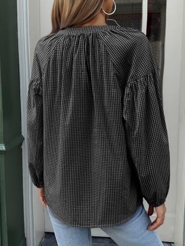 Womens Puff Long Sleeve Blouse Gingham Pleated V Neck Button Down Shirts Loose Fit Dressy Casual Fall Tops