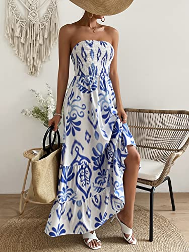 Womens Summer Dresses Allover Print Ruffle Hem Tube A-Line Maxi Dress