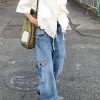 Womens High Waisted Baggy Jeans Side Cut Out Wide Leg Stretchy Trendy Denim Pants with Pockets