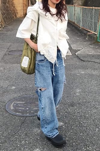 Womens High Waisted Baggy Jeans Side Cut Out Wide Leg Stretchy Trendy Denim Pants with Pockets