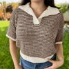 Womens Striped Cropped Sweaters Tops Color Block Short Sleeve Knit V Neck Fall Casual Pullover