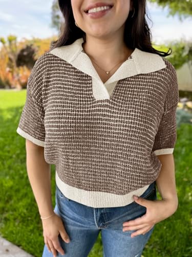 Womens Striped Cropped Sweaters Tops Color Block Short Sleeve Knit V Neck Fall Casual Pullover