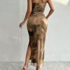 Women's Summer Dress Printed Strapless Tube Dress Bodycon Long Dress Side Slit Mesh Layered