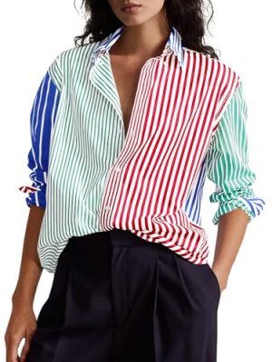 Womens Color Block Striped Button Down Shirts Oversized Trendy Casual Blouses Long Sleeve Tops