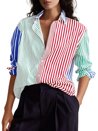 51E7fcefMXL.jpg Womens Color Block Striped Button Down Shirts Oversized Trendy Casual Blouses Long Sleeve Tops